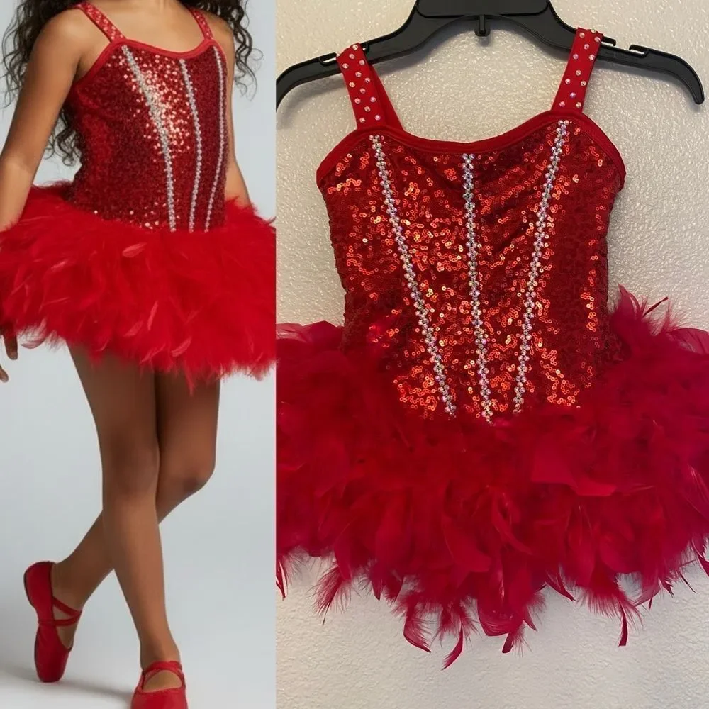 Competition Solo Dance Costume custom red feather sassy jazz MC-Medium child